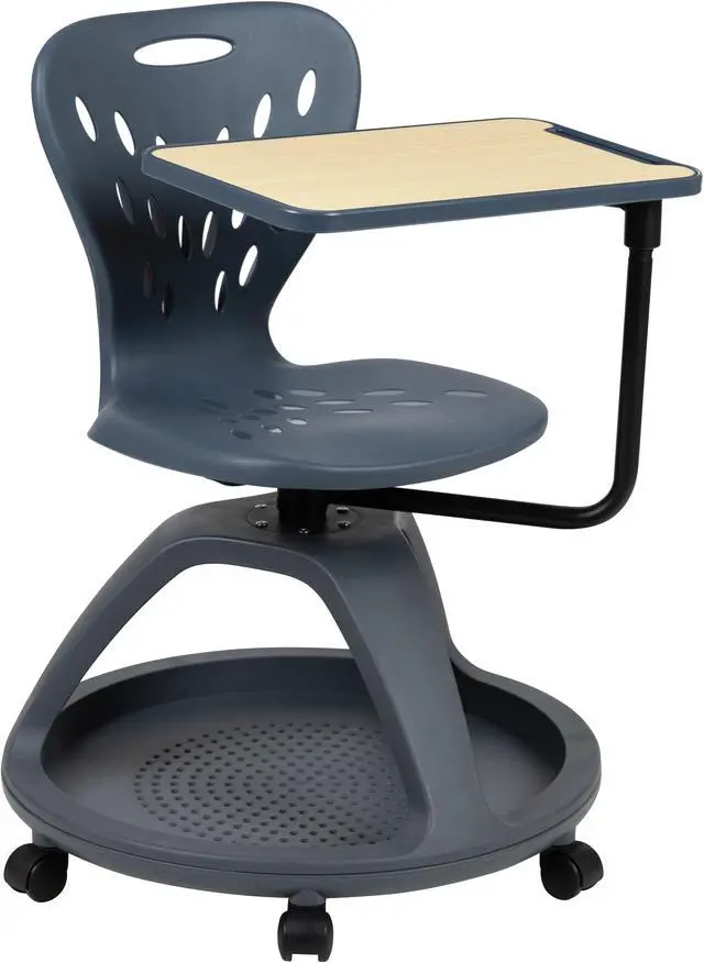 Alt view image 2 of 20 - Dark Gray Mobile Desk Chair with 360 Degree Tablet Rotation and Under Seat Storage Cubby