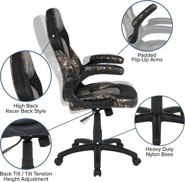 Alt view image 4 of 20 - Black Gaming Desk and Camouflage/Black Racing Chair Set with Cup Holder, Headphone Hook & 2 Wire Management Holes