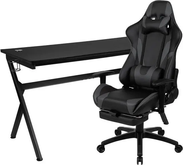 Alt view image 2 of 20 - Gaming Desk and Gray Footrest Reclining Gaming Chair Set - Cup Holder/Headphone Hook/Removable Mouse Pad Top/Wire Management