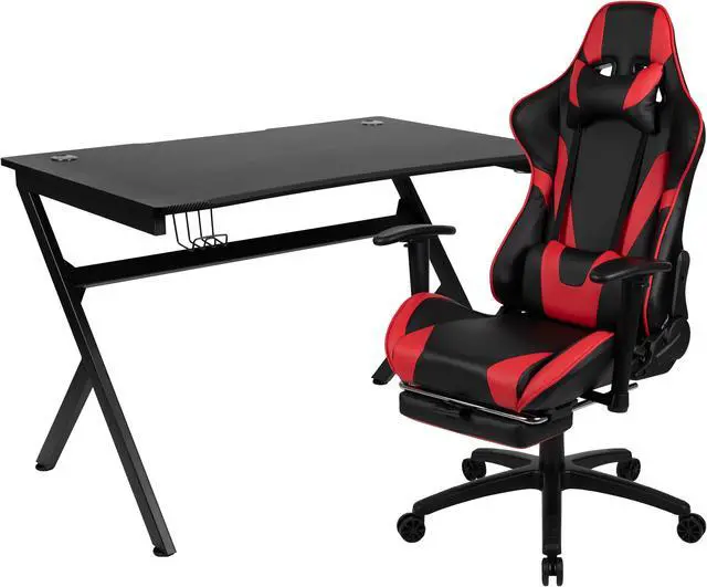 Alt view image 16 of 20 - Flash Furniture Rectangle Gaming Desk and Footrest Reclining Chair Set with Detachable Cup Holder, Headphone Hook, 2 Wire Management Holes - Red/Black