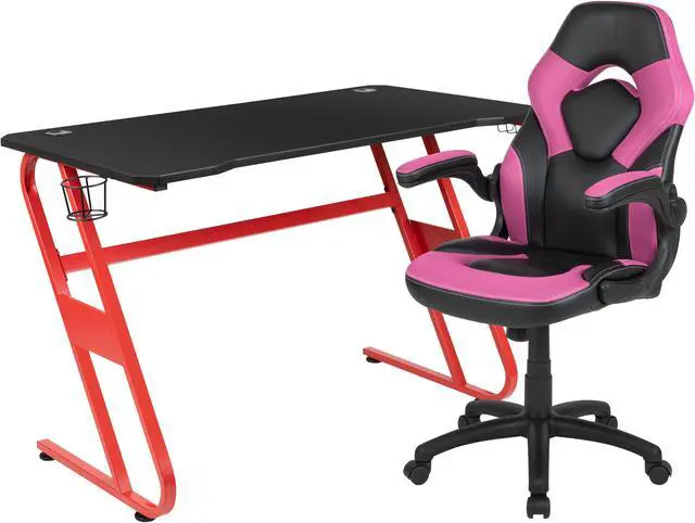 Alt view image 9 of 20 - Flash Furniture Contemporary Rectangle Red Gaming Desk and Pink/Black Racing Chair Set with Cup Holder, Headphone Hook and Built-in Lumbar Support