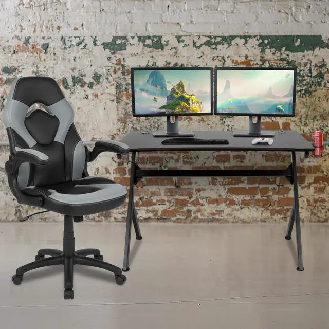 Alt view image 8 of 20 - Flash Furniture Rectangle Gaming Desk and Racing Chair Set with Detachable Cup Holder, Headphone Hook, 2 Wire Management Holes and Built-in Lumbar Support - Gray/Black