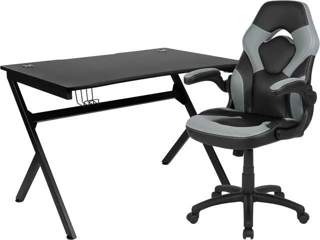 Alt view image 9 of 20 - Flash Furniture Rectangle Gaming Desk and Racing Chair Set with Detachable Cup Holder, Headphone Hook, 2 Wire Management Holes and Built-in Lumbar Support - Gray/Black