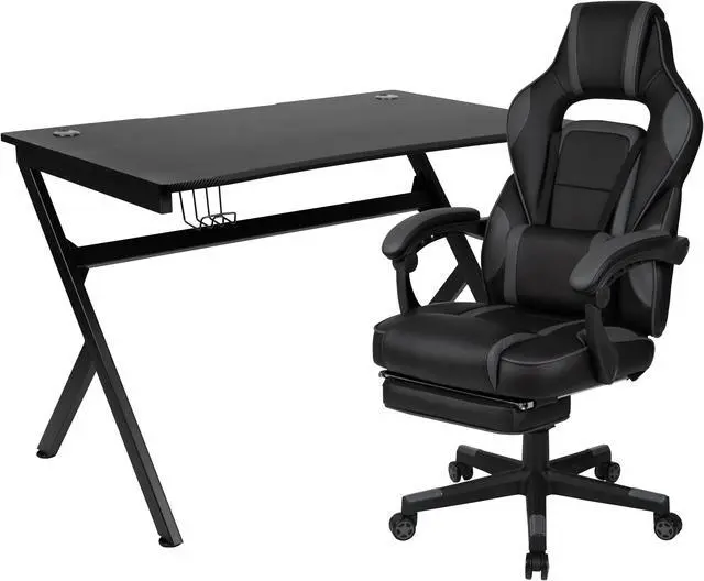 Alt view image 2 of 20 - Black Gaming Desk with Cup Holder/Headphone Hook/2 Wire Management Holes & Black Reclining Back/Arms Gaming Chair with Footrest