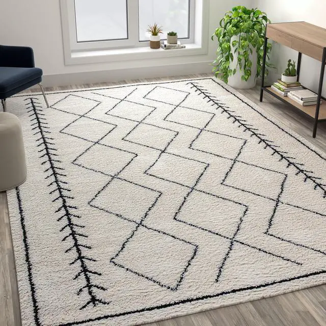 Main image of Geometric Style Bohemian Shag Area Rug - 8' x 10' - Ivory