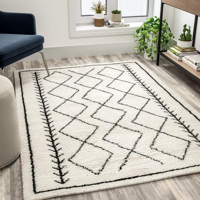 Main image of Geometric Style Bohemian Shag Area Rug - 5' x 7' - Ivory