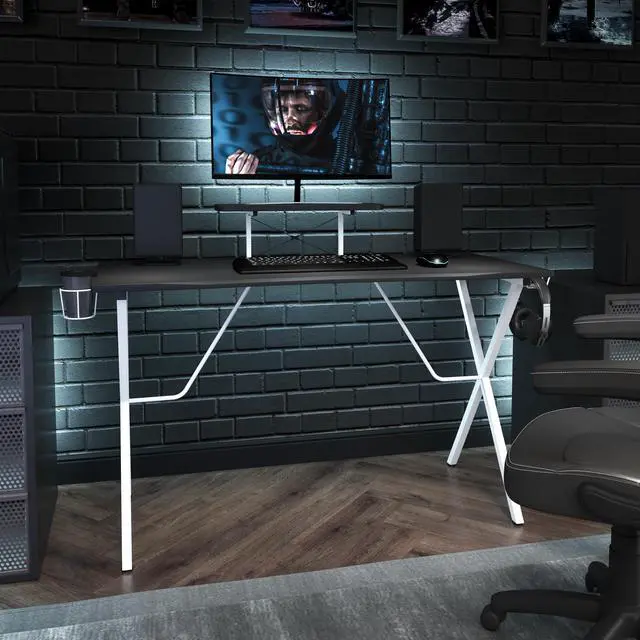Main image of Black Gaming Desk and White Frame with Cup Holder, Headphone Hook, and Monitor/Smartphone Stand
