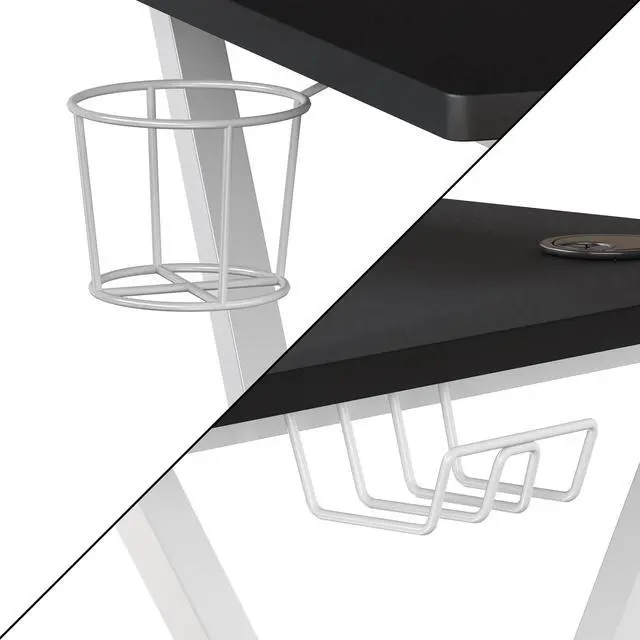 Alt view image 7 of 20 - Black Gaming Desk and White Frame with Cup Holder, Headphone Hook, and Monitor/Smartphone Stand