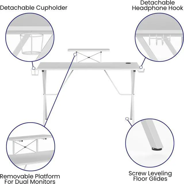 Alt view image 4 of 20 - White Gaming Desk with Cup Holder, Headphone Hook, and Monitor/Smartphone Stand