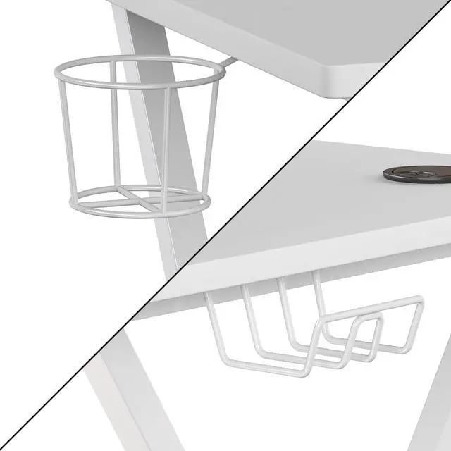 Alt view image 7 of 20 - White Gaming Desk with Cup Holder, Headphone Hook, and Monitor/Smartphone Stand