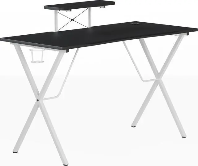 Alt view image 2 of 20 - Black Gaming Desk and White Frame with Cup Holder, Headphone Hook, and Monitor/Smartphone Stand