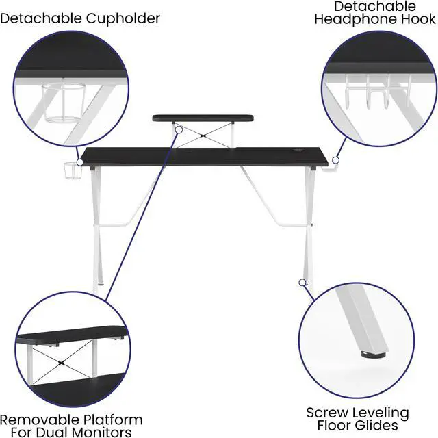 Alt view image 4 of 20 - Black Gaming Desk and White Frame with Cup Holder, Headphone Hook, and Monitor/Smartphone Stand