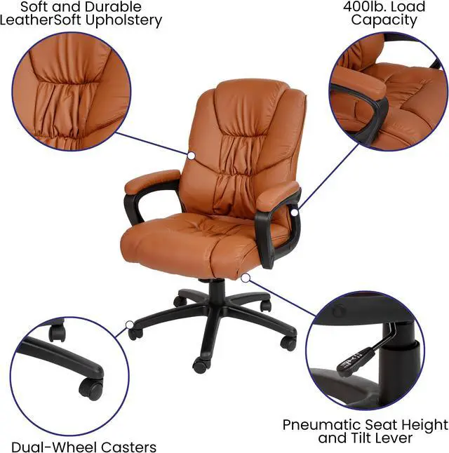 Alt view image 4 of 15 - Flash Fundamentals Big & Tall 400 lb. Rated Brown LeatherSoft Swivel Office Chair with Padded Arms, BIFMA Certified