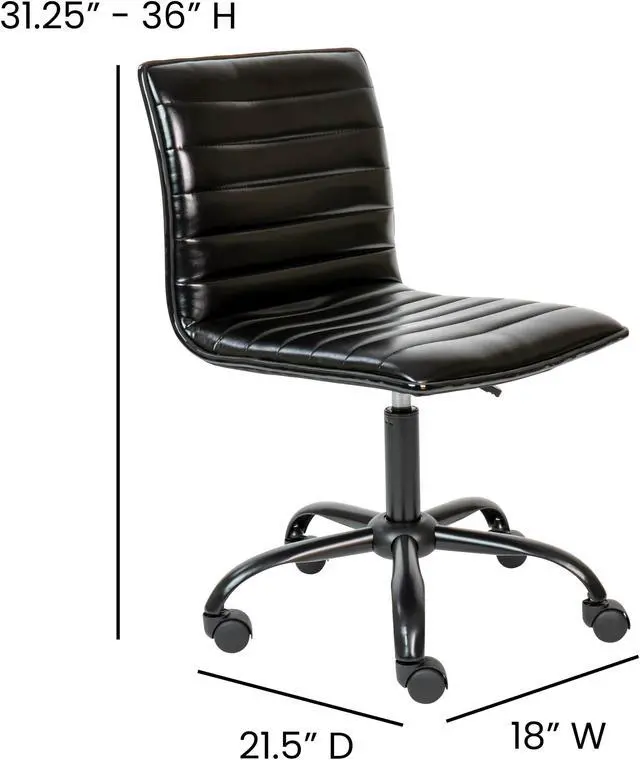 Alt view image 7 of 20 - Low Back Designer Armless Black Ribbed Swivel Task Office Chair with Black Frame and Base