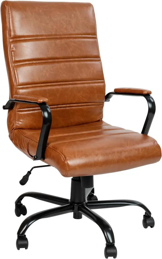 Alt view image 2 of 20 - High Back Brown LeatherSoft Executive Swivel Office Chair with Black Frame and Arms