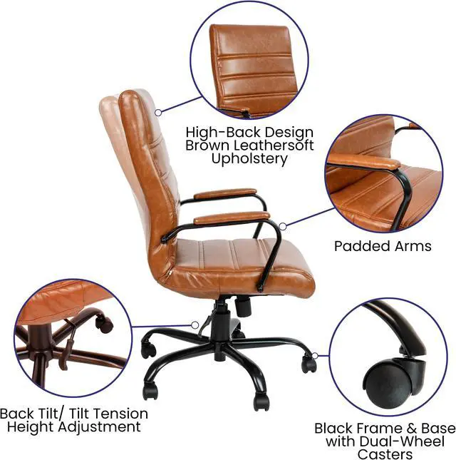 Alt view image 6 of 20 - High Back Brown LeatherSoft Executive Swivel Office Chair with Black Frame and Arms