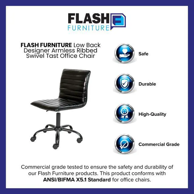 Alt view image 4 of 20 - Low Back Designer Armless Black Ribbed Swivel Task Office Chair with Black Frame and Base