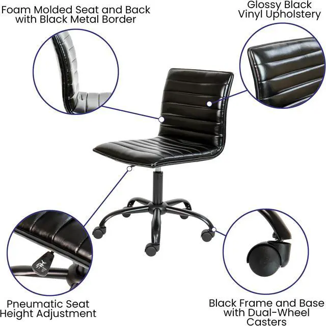 Alt view image 6 of 20 - Low Back Designer Armless Black Ribbed Swivel Task Office Chair with Black Frame and Base