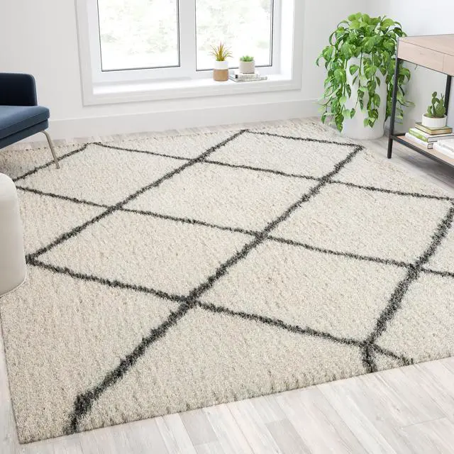 Alt view image 16 of 17 - Shag Style Diamond Trellis Area Rug - 8' x 10' - Ivory/Gray Polyester (PET)