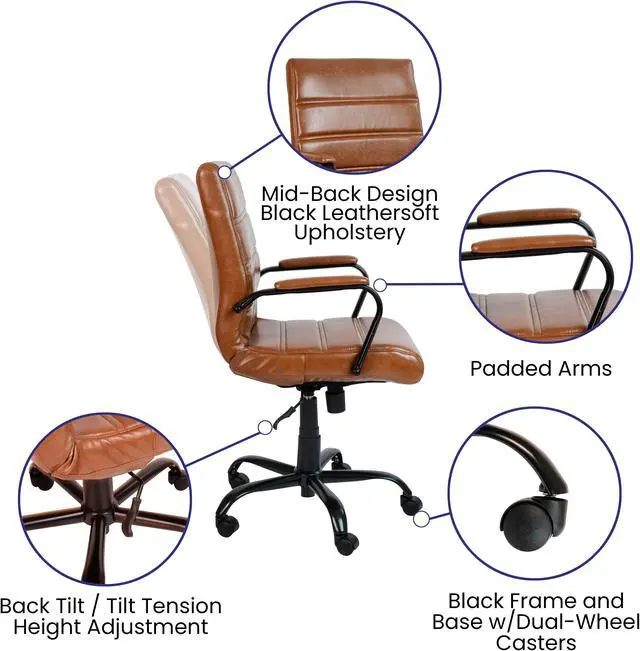 Alt view image 6 of 20 - Flash Furniture Whitney Ergonomic LeatherSoft Swivel Mid-Back Executive Office Chair Brown/Black (GO2286MBRBK)