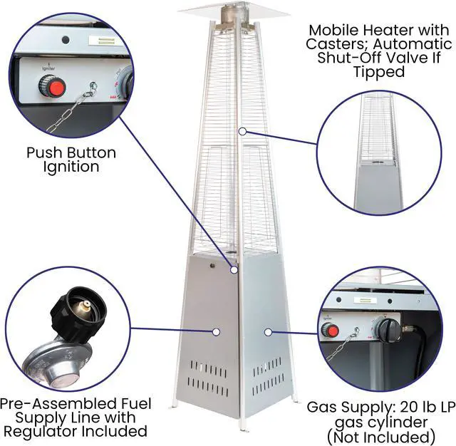 Alt view image 4 of 20 - Patio Outdoor Heating-Silver Stainless Steel Pyramid 42,000 BTU Propane Heater with Wheels for Commercial & Residential Use