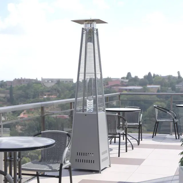 Alt view image 6 of 20 - Patio Outdoor Heating-Silver Stainless Steel Pyramid 42,000 BTU Propane Heater with Wheels for Commercial & Residential Use
