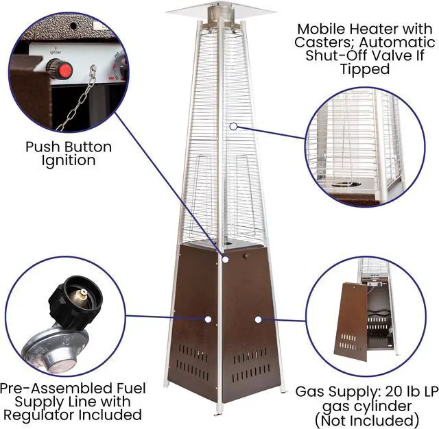 Alt view image 4 of 20 - Patio Outdoor Heating-Bronze Stainless Steel Pyramid 42,000 BTU Propane Heater with Wheels for Commercial & Residential Use