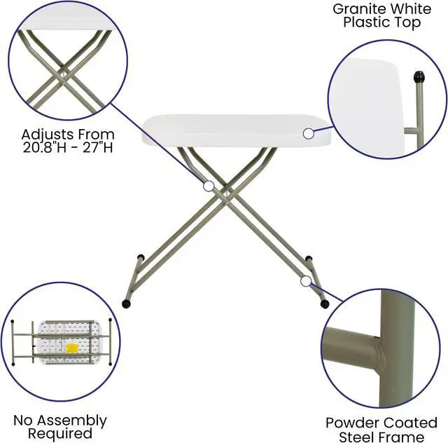 Alt view image 4 of 20 - 26 Inch Granite White Indoor/Outdoor Plastic Folding Table, Adjustable Height Commercial Grade Side Table, Laptop Table, TV Tray