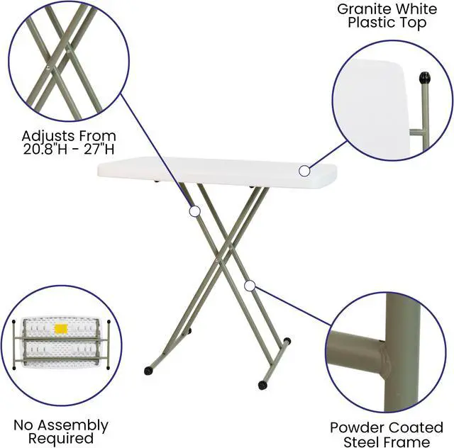 Alt view image 4 of 20 - 30 Inch Granite White Indoor/Outdoor Plastic Folding Table, Adjustable Height Commercial Grade Side Table, Laptop Table, TV Tray