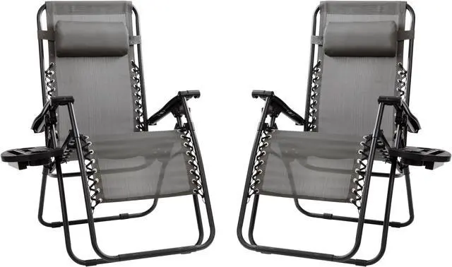 Alt view image 3 of 20 - Flash Furniture Celestial Folding Reclining Lounge Chair with Pillow and Cup Holder Tray Gray 2/Pack (2GM103122SSGR)