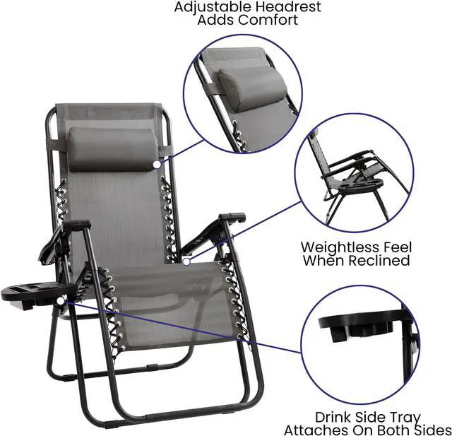 Alt view image 5 of 20 - Flash Furniture Celestial Folding Reclining Lounge Chair with Pillow and Cup Holder Tray Gray 2/Pack (2GM103122SSGR)