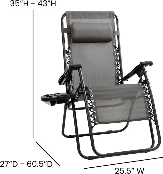 Alt view image 6 of 20 - Flash Furniture Celestial Folding Reclining Lounge Chair with Pillow and Cup Holder Tray Gray 2/Pack (2GM103122SSGR)