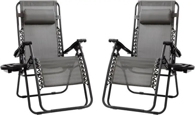 Alt view image 8 of 20 - Flash Furniture Celestial Folding Reclining Lounge Chair with Pillow and Cup Holder Tray Gray 2/Pack (2GM103122SSGR)