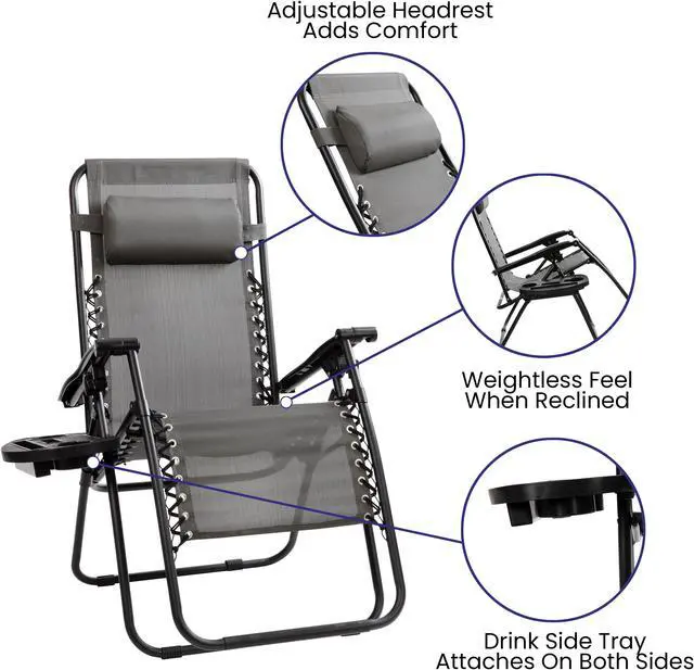 Alt view image 17 of 20 - Flash Furniture Celestial Folding Reclining Lounge Chair with Pillow and Cup Holder Tray Gray 2/Pack (2GM103122SSGR)