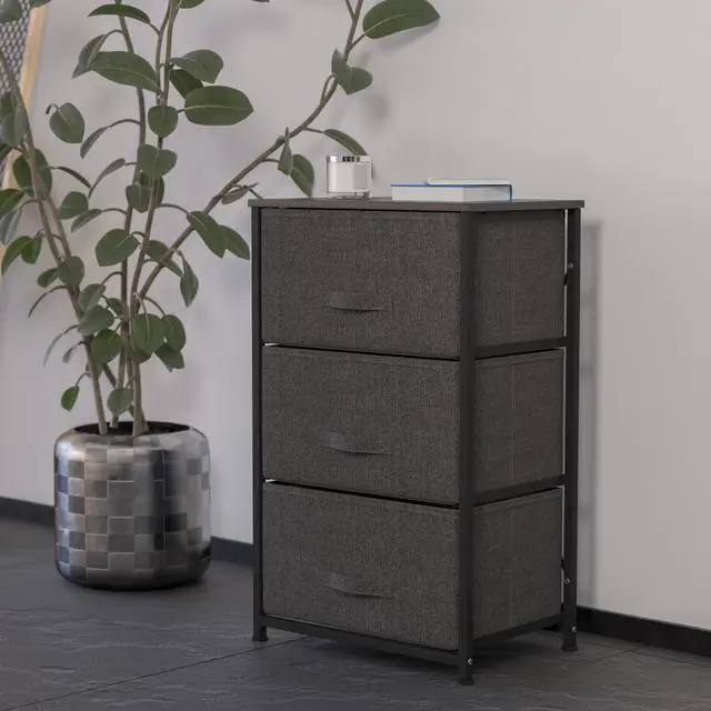 Main image of 3 Drawer Wood Top Black Cast Iron Frame Vertical Storage Dresser with Dark Gray Easy Pull Fabric Drawers