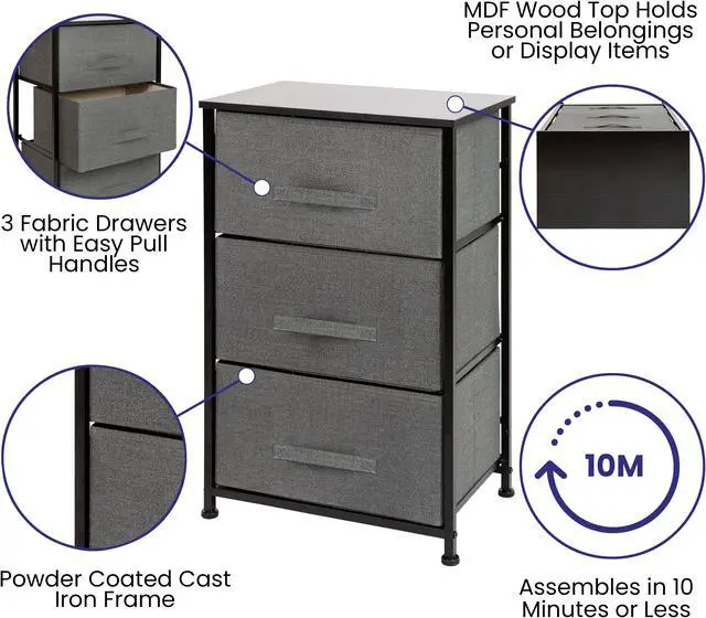 Alt view image 4 of 20 - 3 Drawer Wood Top Black Cast Iron Frame Vertical Storage Dresser with Dark Gray Easy Pull Fabric Drawers