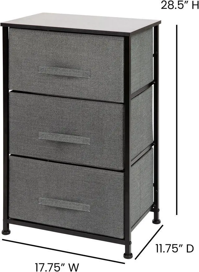 Alt view image 5 of 20 - 3 Drawer Wood Top Black Cast Iron Frame Vertical Storage Dresser with Dark Gray Easy Pull Fabric Drawers