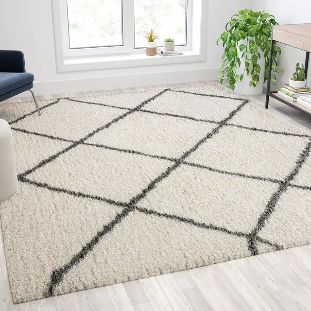 Main image of Shag Style Diamond Trellis Area Rug - 8' x 10' - Ivory/Gray Polyester (PET)