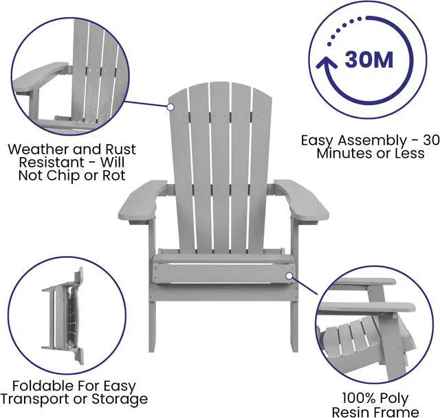 Alt view image 6 of 20 - Charlestown All-Weather Poly Resin Indoor/Outdoor Folding Adirondack Chair in Gray
