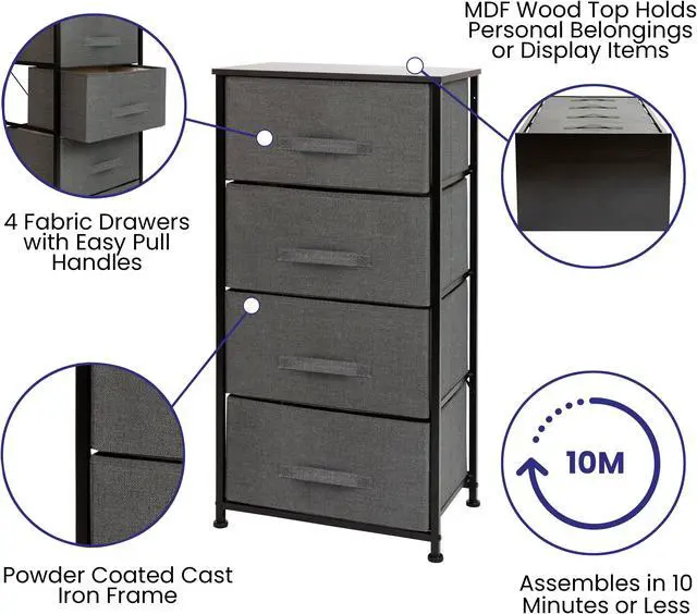 Alt view image 4 of 20 - 4 Drawer Wood Top Black Cast Iron Frame Vertical Storage Dresser with Dark Gray Easy Pull Fabric Drawers