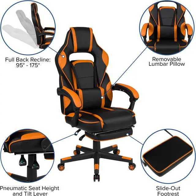 Alt view image 6 of 20 - Flash Furniture X40 Ergonomic LeatherSoft Swivel Gaming Massaging Chair Black/Orange (CH00288OR)