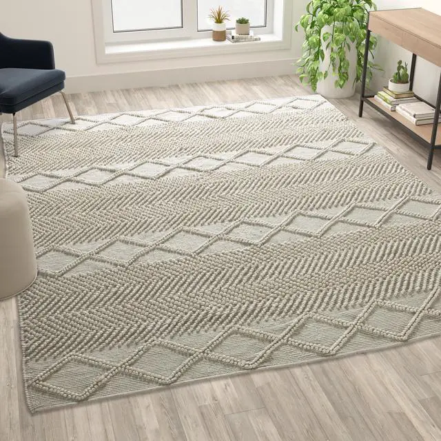Main image of 8' x 10' White & Ivory Geometric Design Handwoven Area Rug - Wool/Polyester/Cotton Blend