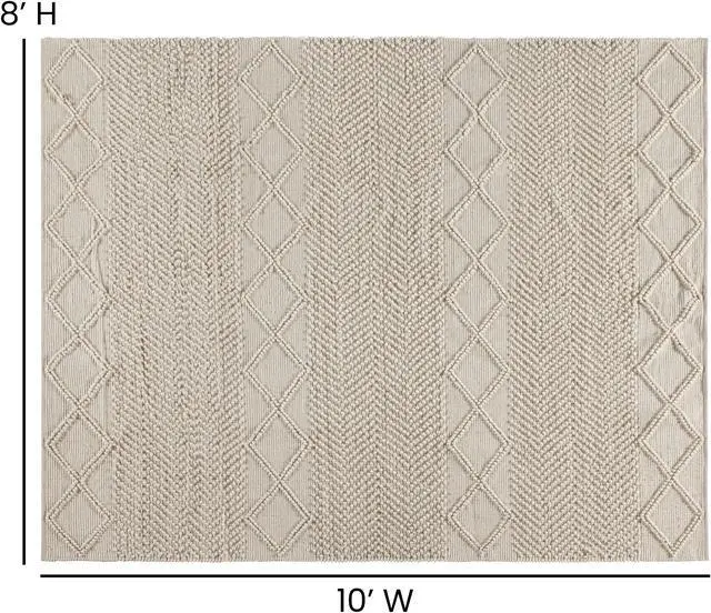 Alt view image 5 of 19 - 8' x 10' White & Ivory Geometric Design Handwoven Area Rug - Wool/Polyester/Cotton Blend