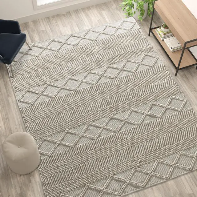 Alt view image 4 of 19 - 8' x 10' White & Ivory Geometric Design Handwoven Area Rug - Wool/Polyester/Cotton Blend