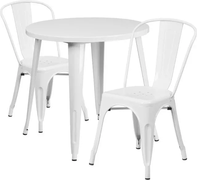 Alt view image 8 of 14 - 30'' Round White Metal Indoor-Outdoor Table Set with 2 Vertical Slat Back Chairs