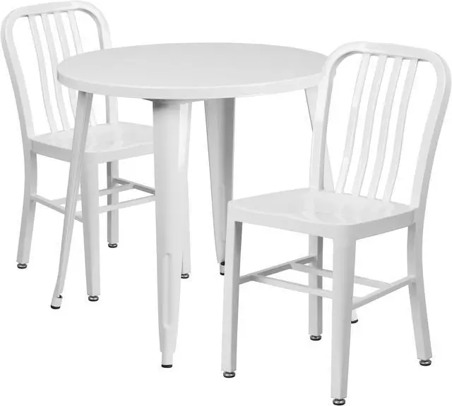 Main image of 30'' Round White Metal Indoor-Outdoor Table Set with 2 Vertical Slat Back Chairs