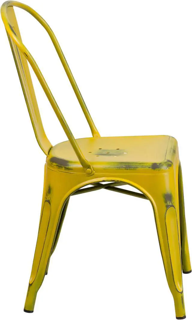 Alt view image 2 of 19 - Commercial Grade Distressed Yellow Metal Indoor-Outdoor Stackable Chair