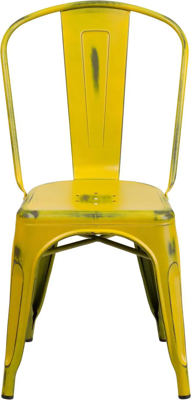 Alt view image 3 of 19 - Commercial Grade Distressed Yellow Metal Indoor-Outdoor Stackable Chair