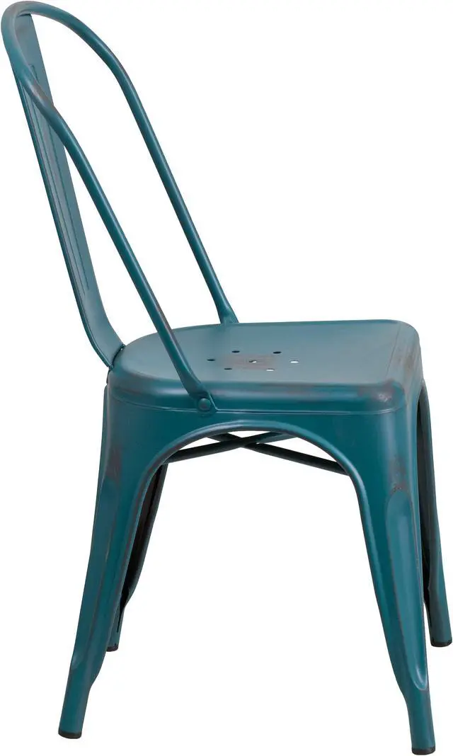 Alt view image 2 of 20 - Commercial Grade Distressed Kelly Blue-Teal Metal Indoor-Outdoor Stackable Chair
