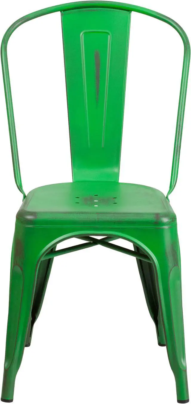 Alt view image 3 of 20 - Commercial Grade Distressed Green Metal Indoor-Outdoor Stackable Chair